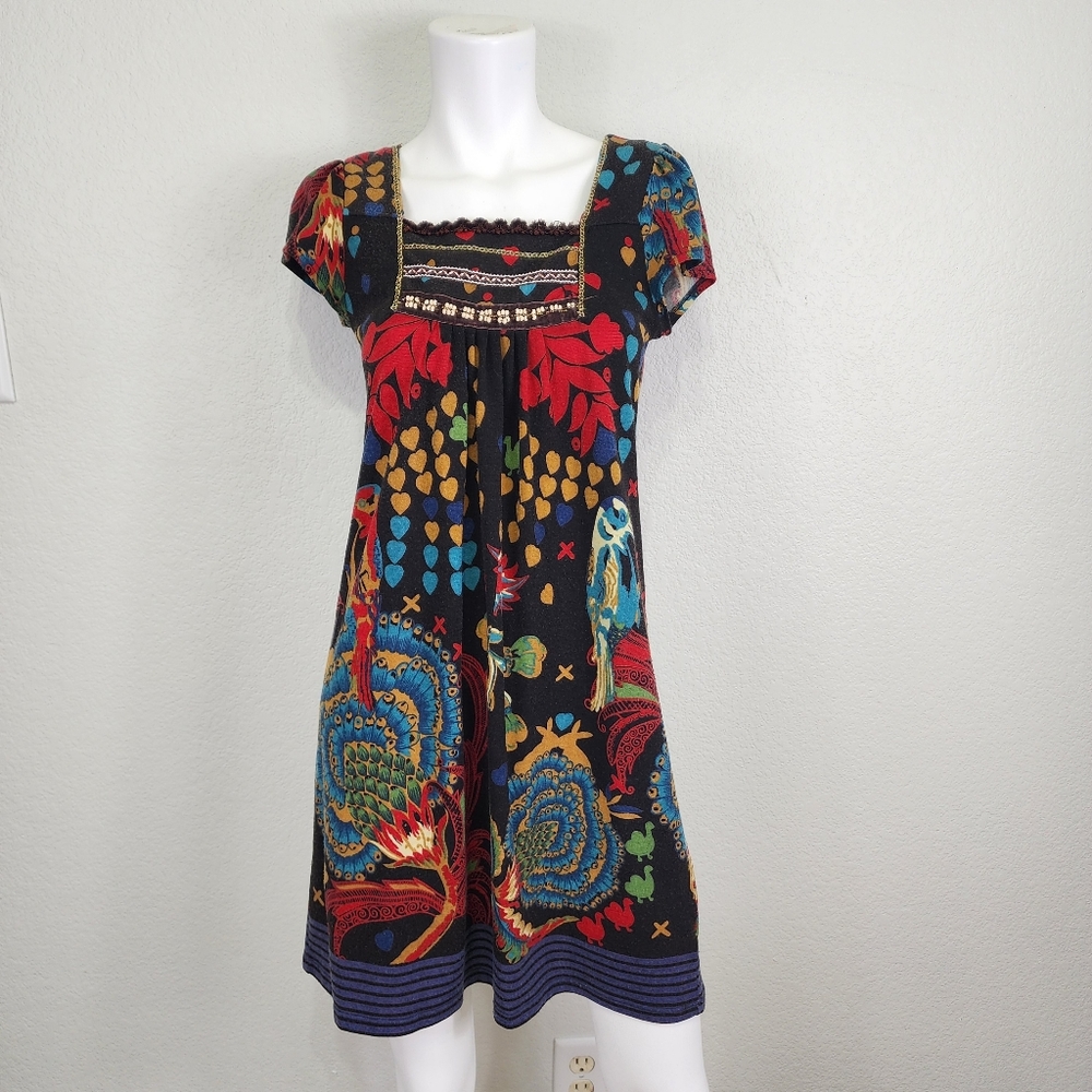 Quintessential Bohemian Print Beaded Short Sleeve Dress Size M